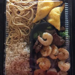 Shrimp and steak bento with crab Rangoon/ noodles/ and fried rice..  it's my favorite!!