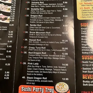 the menu of the restaurant