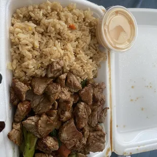 Take out - Lunch Special with Fried Rice, veggies, and steak. So good!!