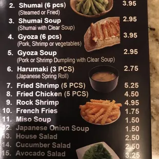 a menu for appetizers soup salad
