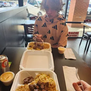 Hibachi steak with fried rice and cabbage.