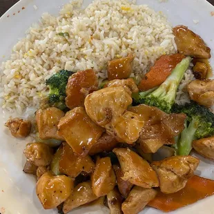 Hibachi express lunch portion with chicken. Came with a drink as well and yum yum sauce in little clear plastic cups (not pictured).