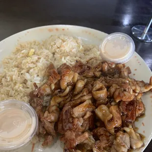 a plate of chicken and rice
