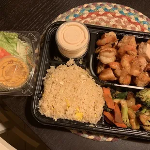 Chicken/Shrimp Hibachi dinner w/ side salad. With an added soda-- just over $14. Excellent &amp; a huge serving.