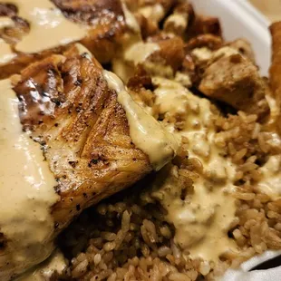I got my chicken with SALMON. Mindblowing! And somewhere under all of this is my cabbage and broccoli.