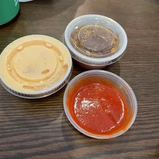 Yum yum sauce, ginger sauce, hot sauce
