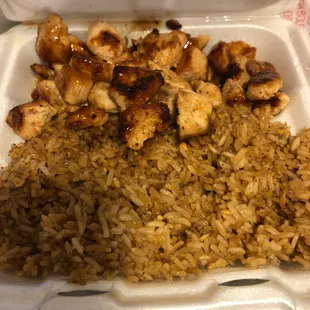 chicken and rice in a styrofoam container