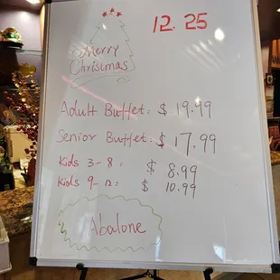 Prices for Christmas Day 2023.