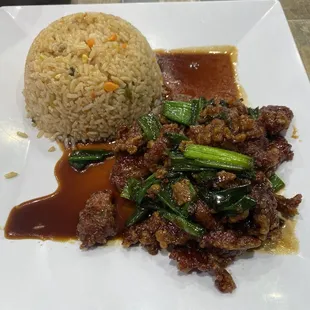 Mongolian beef with a side of fried rice. Very good!