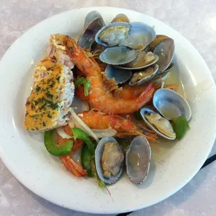 My plate: shrimp, clam and salmon.