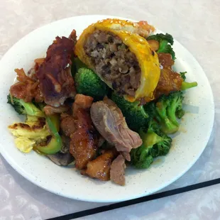 My plate: beef role, delicious omelet (at the bottom), broccoli and meat (chicken and pork).