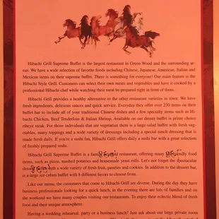 The back of the handout with the restaurant description.