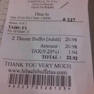 Memorial day Monday May 26th for two buffets with water. Not to bad.