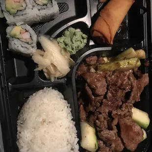 Bento box $10 undercooked zucchini and broccoli, watery shrimp sauce, but the rice and egg roll are good and fresh