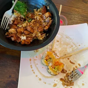 Chicken was dryer then a napkin and drenched in soy sauce  not 1 bit of juicy ness sushi&apos;s wasn&apos;t flavorful