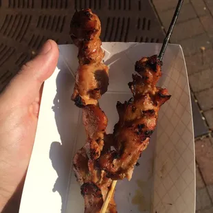 a hand holding a skewer of meat