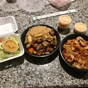 Steak hibachi and chicken Japanese noodles (to go order)