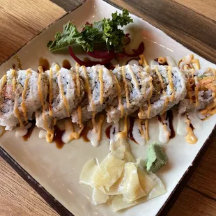 A tempura shrimp sushi roll.