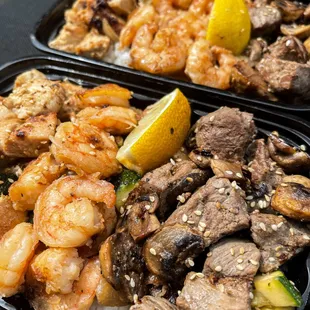 Chicken, shrimp and steak plate