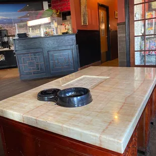 a kitchen island in a restaurant
