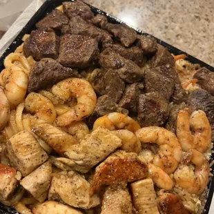 chick shrimp and steak with noodles and fried rice