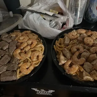 (L) steak, shrimp, noodles, and rice... (R) chicken, shrimp, noodles, and rice...