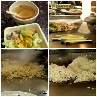 Miso, salad, veggies, rice &amp; noodles... and the volcano!