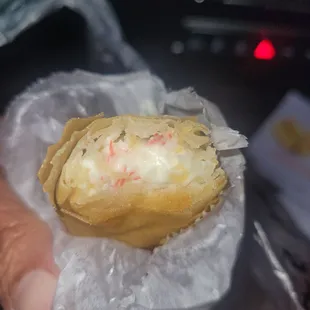 Imitation crab inside of what was supposed to be a cream cheese egg roll