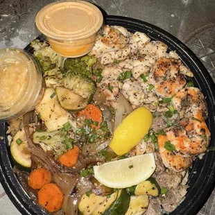 Lobster shrimp filet mignon hibachi plate