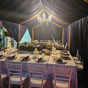 Dinner Setup. Tables, chairs, linens, dinnerware, and table decor all provided by Hibachi Queens.