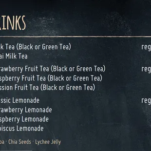 a menu for tea and drinks