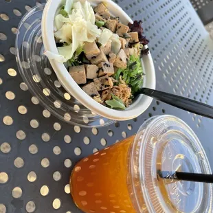 tofu bowl and passion fruit mango drink
