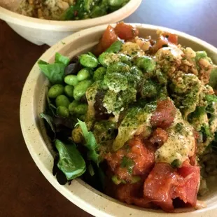 Poke bowls (large). Not as fresh as Sushi with Gusto but more variety/topping options.