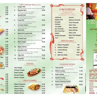 menu for hibachi super buffet