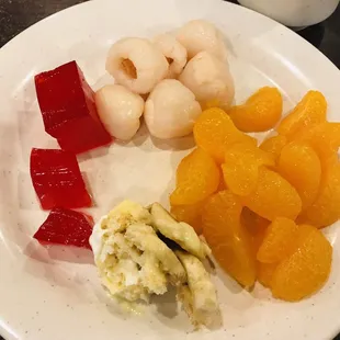 Jello, banana pudding, lychee, mandarin oranges
