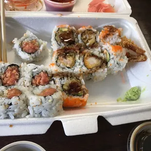 Spicy tuna and shrimp tempura rolls.