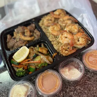New York Steak and Shrimp Combo with rice and veggies