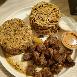 Fried rice a la carte, noodles a la carte, steak a la carte with garlic butter &amp; spicy sauce. - Plated