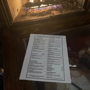 Menu by fireplace