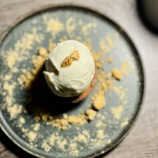 Dessert: miso caramel topped with black pepper ice cream and injeolmi sauce