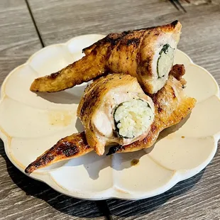 Stuffed chicken wings (garlic ginger rice wrapped in perilla leaf inside!). So delicious