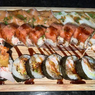 Salmon sashimi, ono sashimi Anthem roll Bonzai roll