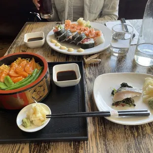 Tekka Don, box-pressed sushi and mackerel single piece.