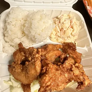 Mochi chicken plate lunch with rice and Mac salad