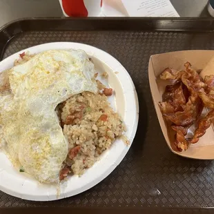 Fried rice with side bacon. Breakfast served until 10:30am