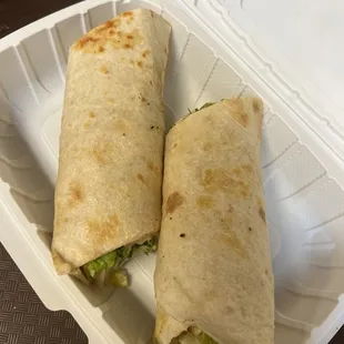 Grilled chicken Caesar wrap. Very good but messy. Ends are open &amp; everything just falls out when you pick it up.