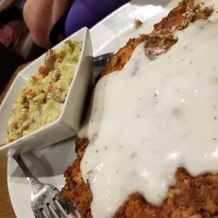 Chicken fried chicken and risotto.