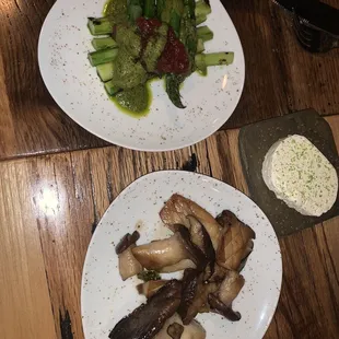 Side of asparagus and king trumpet mushrooms