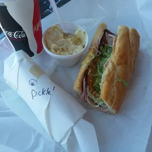 7 inch turkey ham and roast beef with potato salad and pickle