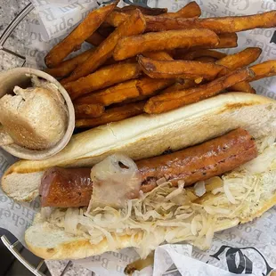 Kielbasa and Kraut with Sweet Potato Fries